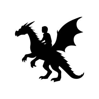 Beyaz arka planda uçan ejderha ve binici silueti fantezi ve macerayı temsil ediyor.