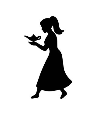 Woman silhouette holding a magic lamp, representing wishes, fantasy, and folklore