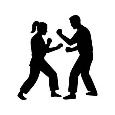 Siluette dövüş sporu ya da savunma tekniği uygulayan iki kişi.