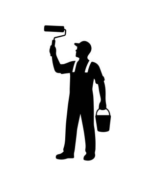 Painter worker silhouette holding roller and paint can