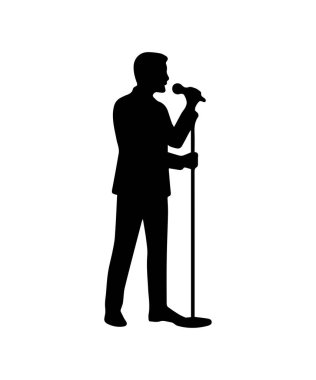 Mikrofon tutan adam, performans sunan, şarkı söyleyen ya da konuşan.