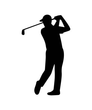 Golf sopası ve silüeti olan golf oyuncusu golf topuna vurmaya hazırlanıyor.