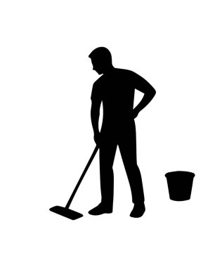 Man silhouette mopping floor, cleaning, housekeeping chores