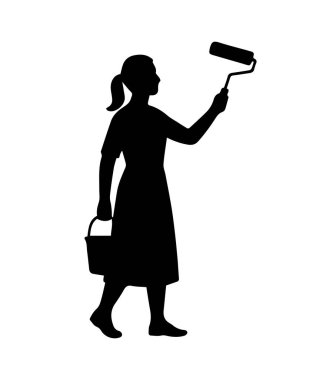 Kadın ressam silueti, silindir ve boya kutusu tutuyor.