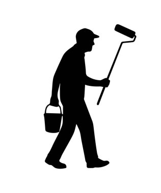 Painter worker silhouette holding roller and paint can