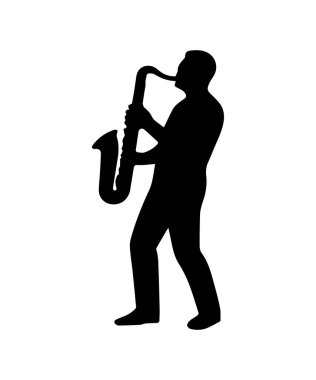 Beyaz arkaplanda saksafon silueti çalan müzisyen