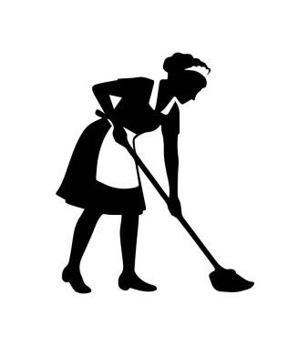 Hizmetçi silueti yerleri paspaslıyor, temizlik yapıyor ve hizmet görevleri yapıyor.