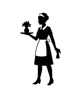 Hizmetçi silueti temizleme ve süsleme odası çiçeklerle