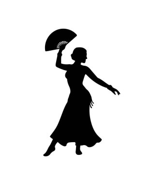 İspanyol kadın silueti geleneksel bir flamenko dansı sergiliyor. Elinde yelpaze var.