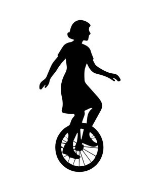 Tek tekerlekli bisiklete binen kadın silueti denge, beceri ve performans tasvir ediyor.