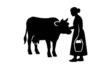 İnek sağan kadın, basit ikon, geleneksel süt ürünleri çiftliği silueti.