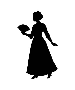 Viktorya döneminden kalma tarihi giysiler giyen kadın silueti ve yelpaze.