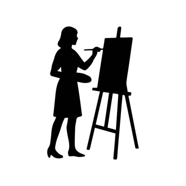 Fırça tutan sanatçı silueti, boş bir tuval üzerinde resim.