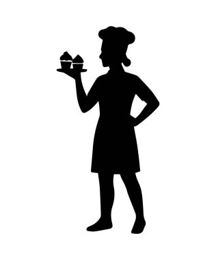 Şapka ve önlük takan kadın şef elinde tepsiyle iki kek tutuyor.