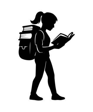 Sırt çantalı kız öğrenci yürüyor ve bir kitap okumaya odaklanmış, eğitimi ve öğrenimi temsil ediyor.
