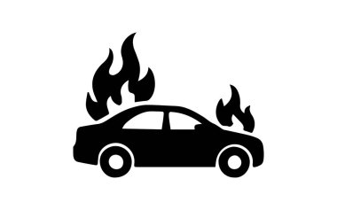 Yanan araba silueti araç yangınını, kazayı, hasarı ve acil durumu temsil ediyor.