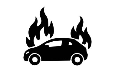 Yanan araba silueti araç yangınını, kazayı, hasarı ve acil durumu temsil ediyor.