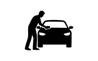 Bir erkek silueti, bir bez parçasıyla araba temizliyor.