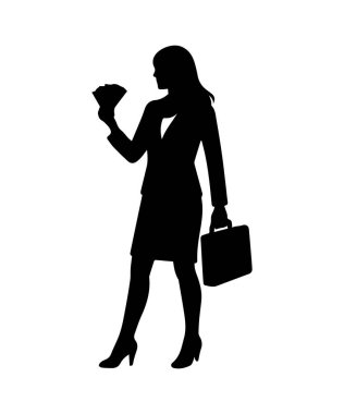 Zengin siluetini gösteren para dolu evrak çantası taşıyan bir iş kadını.