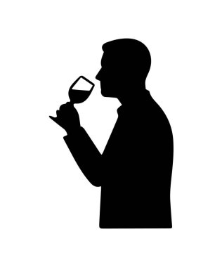 Elinde şarap kadehi olan ve siyah bir siluet olarak tasvir edilen aromayı koklayan bir adam.
