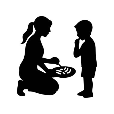 Anne diz çöker, çocuğa yemek sunar, bakımı ve aile bağını sembolize eder.
