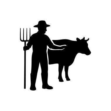 Şapka takan, elinde yabayla beyaz bir arka planda inek tutan çiftçi silueti