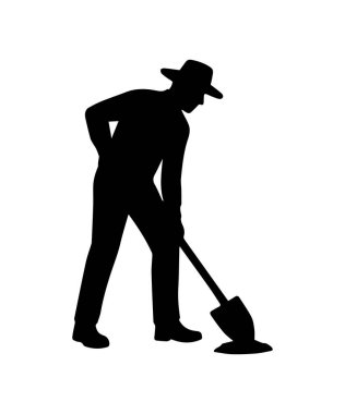 Şapkalı bir adam kürekle toprak kazıyor, çukur açıyor.