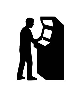 Siluetli bir adam, joystick ve düğmelerle klasik bir oyun dolabı oynuyor.