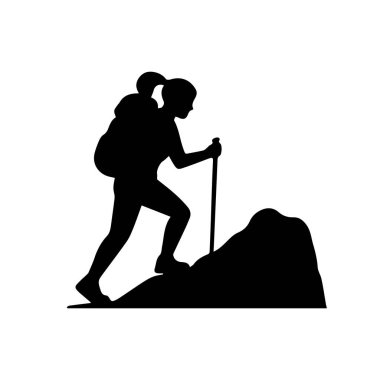 Yürüyüş direği ve sırt çantasıyla yürüyen yürüyüşçü kadın silueti macera ve seyahati temsil ediyor.