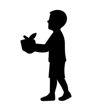 Çocuk silueti hediye kutusunu tutuyor, hediye vermeyi, sürprizi ve kutlamayı temsil ediyor.