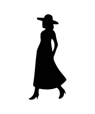 Beyaz arka planda geniş kenarlı şapka silueti giyen bir kadın.