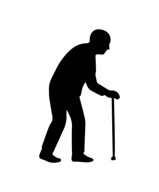 Yaşlı adam silueti yürüyor ve hareket desteği için baston kullanıyor.