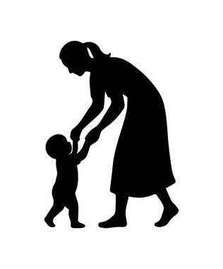 Anne bebeğin elini tutuyor, çocuğun yürümesine yardım ediyor.