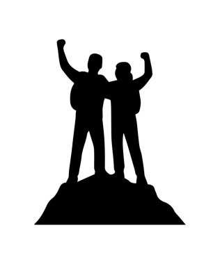 Tırmanışçılar dağın zirvesine ulaşıp başarı ve zaferi kutluyorlar.