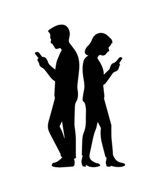 Cep telefonları kullanarak, iletişim kopukluğunu ve teknoloji bağımlılığını gösteren birkaç siluet.