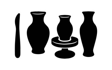 Çömlek aletlerinin siyah siluetleri, vazolar ve beyaz tencereye karşı bir kap.