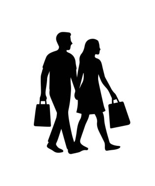 Erkek ve kadın el ele tutuşuyor, alışveriş torbaları, tüketim, perakende, ortaklık