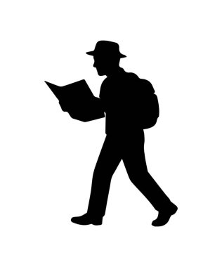 Gezgin silueti haritayla gezer, keşfe çıkar ve maceralar planlar