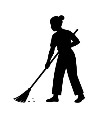 Kadın süpürgeyle yerleri temizliyor, beyaz arka planda bir siluet yaratıyor