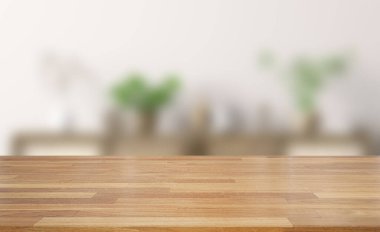 Ahşap masanın üstü beyaz, temiz, soyut ve bulanık arka plan üzerine bokeh.Ürünlerinizi görüntülemek veya montajlamak için kullanılır. Pankart