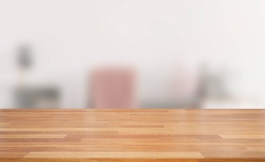 Ahşap masanın üstü beyaz, temiz, soyut ve bulanık arka plan üzerine bokeh.Ürünlerinizi görüntülemek veya montajlamak için kullanılır. Pankart