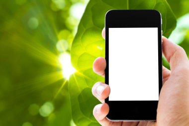 el telefon doğa arka plan ile tutarak 