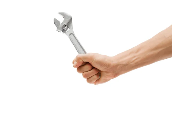 Mechanická ruka drží spanner nástroje v rukou izolovaných na bílém — Stock fotografie