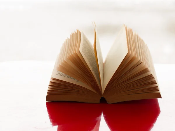 Open book on red table — Stock Photo, Image