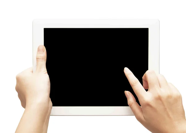 Ręka trzyma tabletkę na białym tle — Zdjęcie stockowe