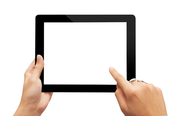 Hand holding tablet isolated on white — Stock Photo, Image