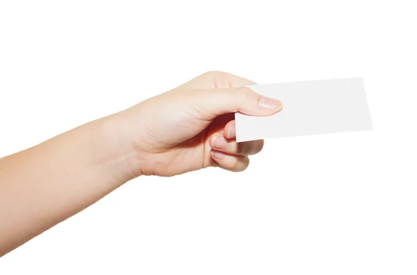 Mão feminina segurando cartão em branco isolado no branco — Fotografia de Stock