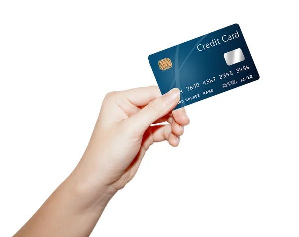 Mano femenina con tarjeta de crédito aislada en blanco — Foto de Stock
