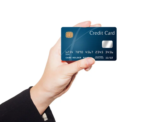 Mano de negocios femenina con tarjeta de crédito aislada en blanco — Foto de Stock