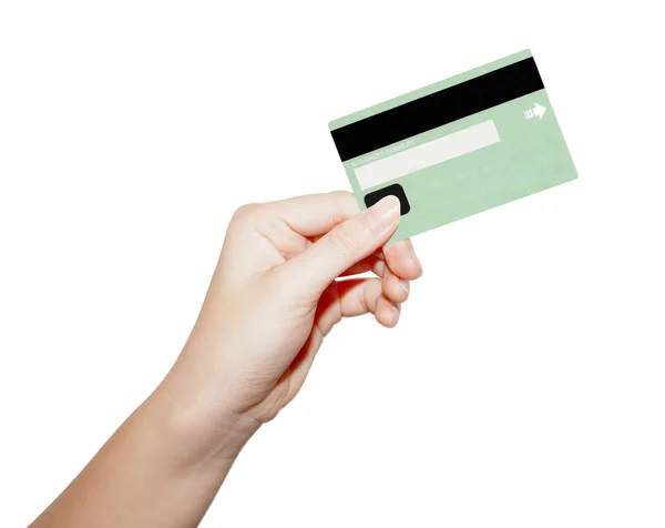 Kredi kartı üzerinde beyaz izole tutmak el — Stok fotoğraf